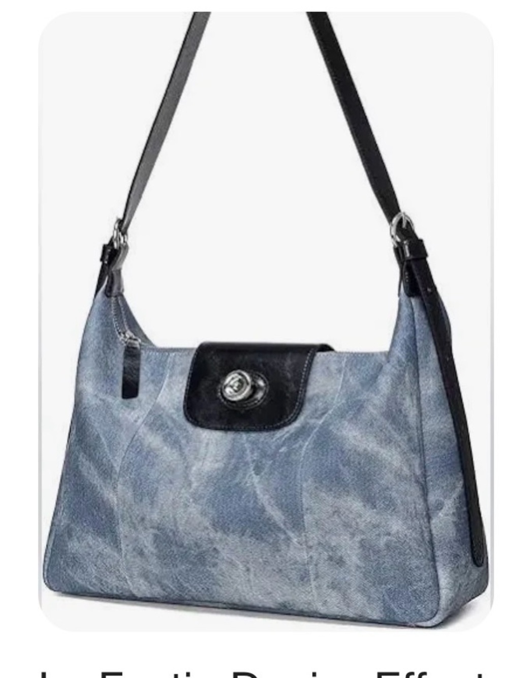 NWT Shoulder Bag in Distressed Denim Effect Blue with Black Leather Trim